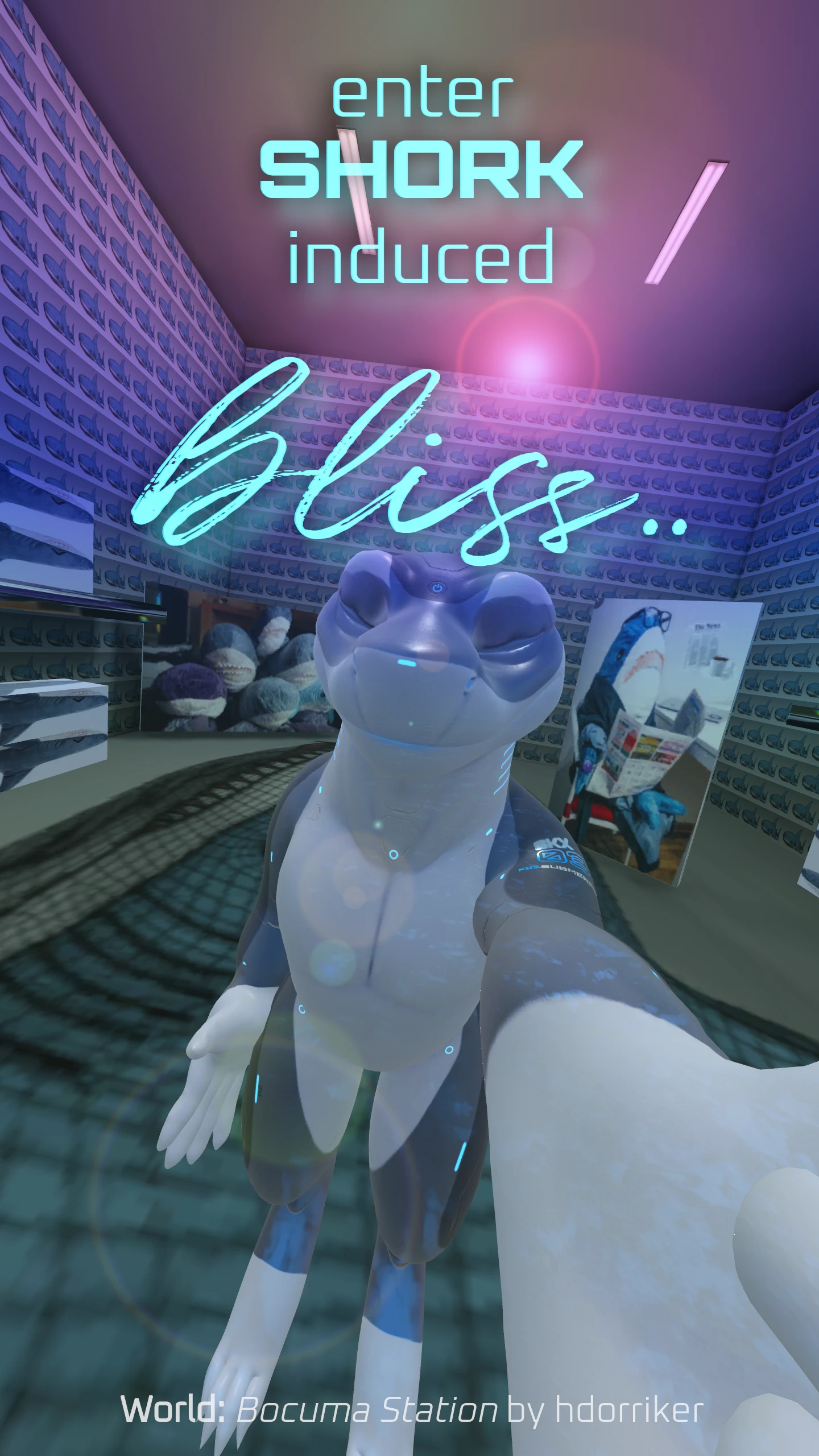 Enter shork enduced bliss, the shark is standing in a room filled with blahaj plushies.